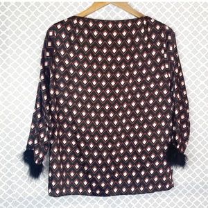 EUC Zara Diamond Print Faux Fur Trim Satin Blouse